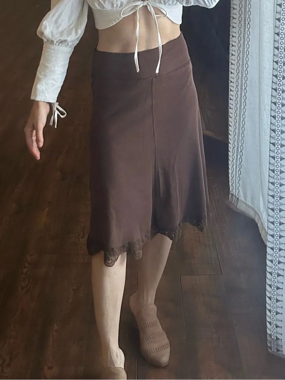 Lucy Love Chocolate Brown Midi Skirt with Lace Trim